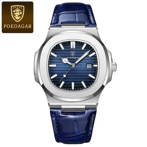 Men's ultra-thin blue dial business watch with leather strap and date display function