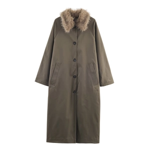 Women Long Trench Coat With Faux Fur Collar Single Breasted Reversible Outerwear Plaid Solid Color Casual