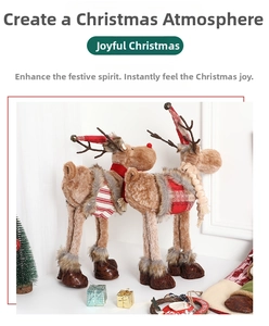 Detail of plush Christmas reindeer dolls with striped scarves and red hats on white background