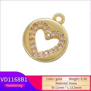 Gold brass heart pendant with cubic zirconia stones, size 11mm by 13.5mm, 0.9g weight