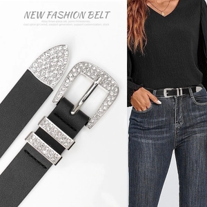 Women Vintage Western PU Leather Waist Belt Rhinestone Encrusted Alloy Buckle Y2K Spice Girl Fashion Accessories Black