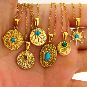 Pendant Necklace 304 Stainless Steel 18K Gold Plated Synthetic Turquoise Malachite Zircon Bohemian Vintage Women Jewelry