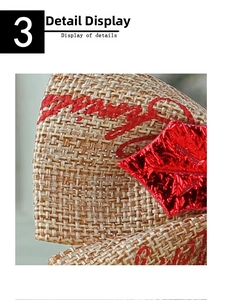 Detail of Christmas burlap bow with red metallic foil leaves and festive script lettering