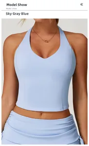 Detail of sky gray blue yoga vest featuring halter V-neck and moisture-wicking fabric