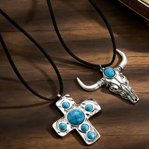 Western turquoise cross and bull head pendant necklace with vintage silver finish