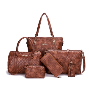 Deep brown woven leather 6-piece tote bag set with matching wallets and crossbody purse