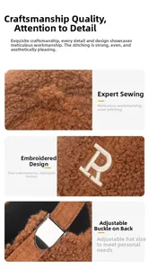 Detail of R letter embroidery and adjustable metal buckle on brown teddy fleece cap