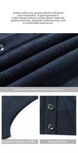 Detailed close-up of dark blue knit vest fabric with subtle red grids and ribbed cuffs