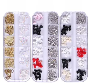 Three-box nail art set with colorful resin bows and metal charms weighing 28g