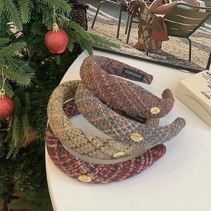Chic plaid fabric headband set with gold emblem and hand-made tags for winter styling