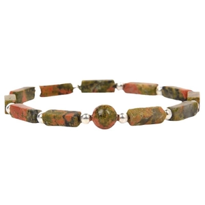 Natural unakite rectangular bead bracelet with silver spacers on white background