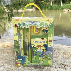 Cartoon dinosaur stationery set for kids featuring pencil, ruler, and a wallet in yellow handle bag