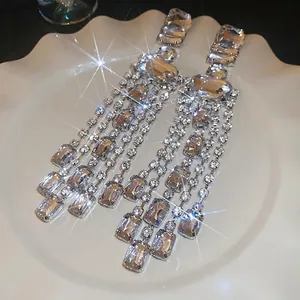 Elegant silver tassel earrings with square crystals and sparkling rhinestones for women