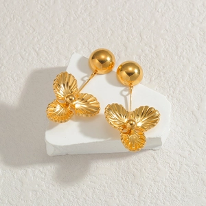 Golden flower petal tassel earrings with convex ribbed texture in polished titanium steel