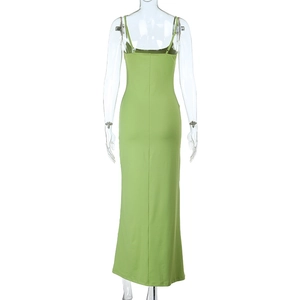 Back view of a slim fit green floral maxi dress featuring thin straps and bodycon cut