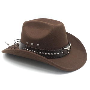 Dark brown western cowboy hat featuring a bull head metal buckle and studded leather band