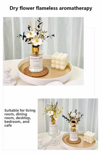 Detail of 120ml aromatherapy reed diffuser with white and yellow dried flowers