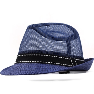 Men's navy blue mesh fedora hat with breathable woven texture and decorative band