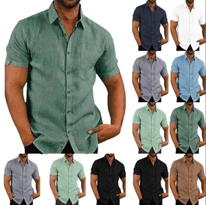 Men's Casual Solid Color Short Sleeve Linen Shirt British Style Turn-Down Collar Single-Breasted Summer Top