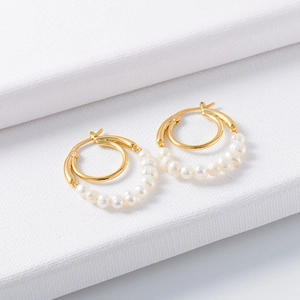 Elegant French style double hoop earrings with white pearls and gold metal rings
