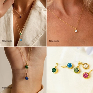 Gold and silver stainless steel necklaces with colorful rhinestone pendants for layered styling