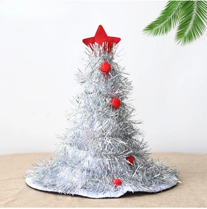 Classic silver Christmas tree party hat with red stars and tinsel decoration