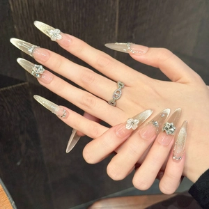 Luxe cat-eye stiletto plaknagels met 3D-bloemen en fonkelende strassteentjes erop