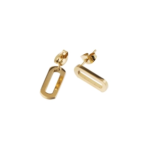 Close-up of golden geometric hollow oval stud earrings in polished stainless steel