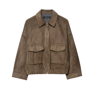 Women's Faux Suede Jacket Coat Solid Color Zip Up Lapel Cargo Flap Pockets Elastic Hem Casual Streetwear Outerwear