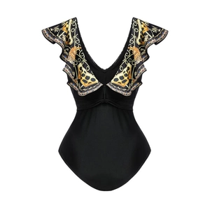 Detail of the elegant deep V-neckline with golden baroque ruffles on a black swimsuit