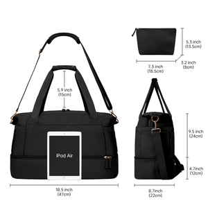 Detailed size comparison of black waterproof sports bag and clutch next to an iPad Air