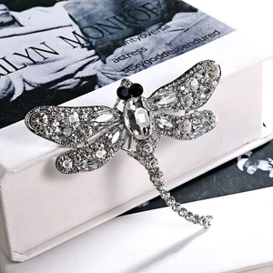 Close-up of a silver dragonfly brooch featuring crystal rhinestones on a white book