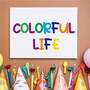 Flat lay of colorful party kit with paper hats, balloons, candles and blowouts on a red background