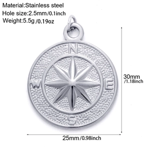 Detail of silver stainless steel compass pendant with dimensions and material specs