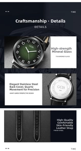Detail of GEDI men's watch featuring a dark green dial and textured leather strap