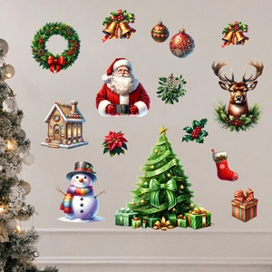 Detail of Christmas wall stickers featuring Santa, snowmen, and reindeer for home decor
