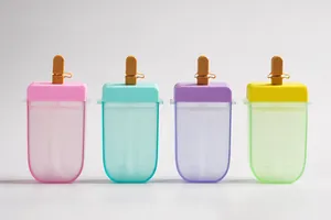 Detail showing 300ml ice cream shaped water bottles with adjustable straps in four colors