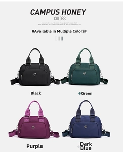 Detail view of water-resistant nylon handbags in black, green, purple, and navy blue options