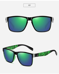 Detail view of polarized sports sunglasses with green gradient lenses and silver temple accents