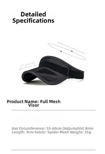 Dimensions détaillées de la visière en maille noire avec bord de 9 cm et sangle réglable