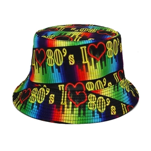 Reversible Bucket Hat Polyester Retro 80s Disco Rainbow Neon Heart Print Sun Protection Foldable Travel Cap For Women Men