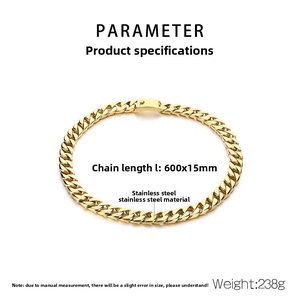 Detail view of 15mm gold stainless steel Cuban chain with 600mm length and weight specs