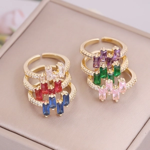 Irregular 18K gold plated copper rings with colorful zircon inlay in various vibrant colors