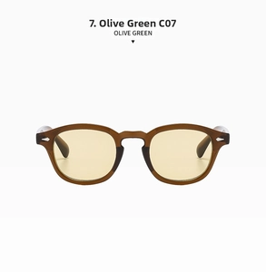 Close-up of olive green round frames featuring iconic silver diamond-shaped metal rivets