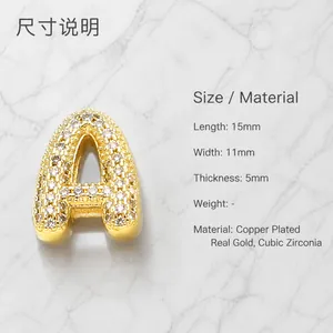 Detailed size specifications for gold-plated copper letter A charm with zircon stones