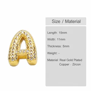 Spécifications détaillées de taille pour le pendentif lettre A en cuivre doré et zircon