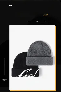 Detailed cable-knit texture and folded cuff on thick black and gray winter beanies