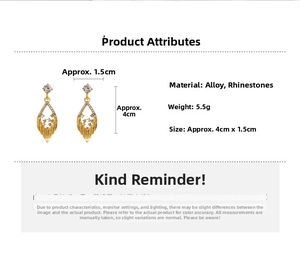 Detailed view of hollow leaf earrings with rhinestones showing 4cm length and 5.5g weight