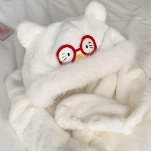 White plush hooded scarf with cute kitty ears and red glasses detail for winter warmth