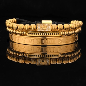 Men's 3-piece gold jewelry set with roman numeral cuff, crown bead and zircon bracelet